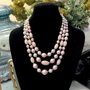 Vintage pink and white 3 strand pearl necklace. frosted. 9 inch. Adjustable